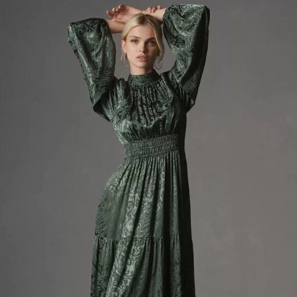 NEW ANTHROPOLOGIE Maxi Dress Green Size M Jacquard High Neck Balloon Sleeve - Picture 11 of 11